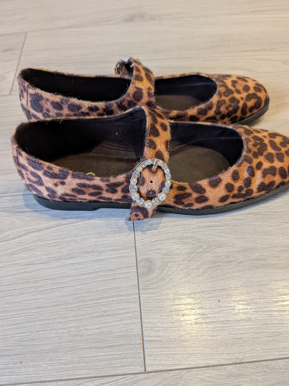 Girls Leopard Print Mary Jane Shoes with Rhinestone Buckle